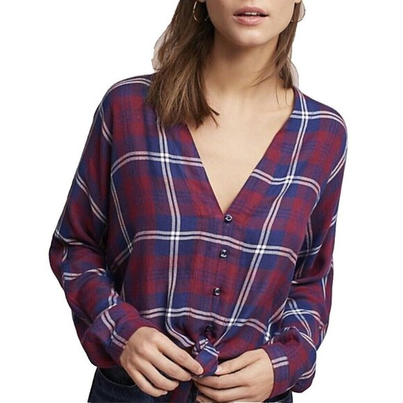 Rails Sloane Plaid Cropped Top Womens S Red Blue Tie Front Dolman Sleeve - Picture 1 of 8